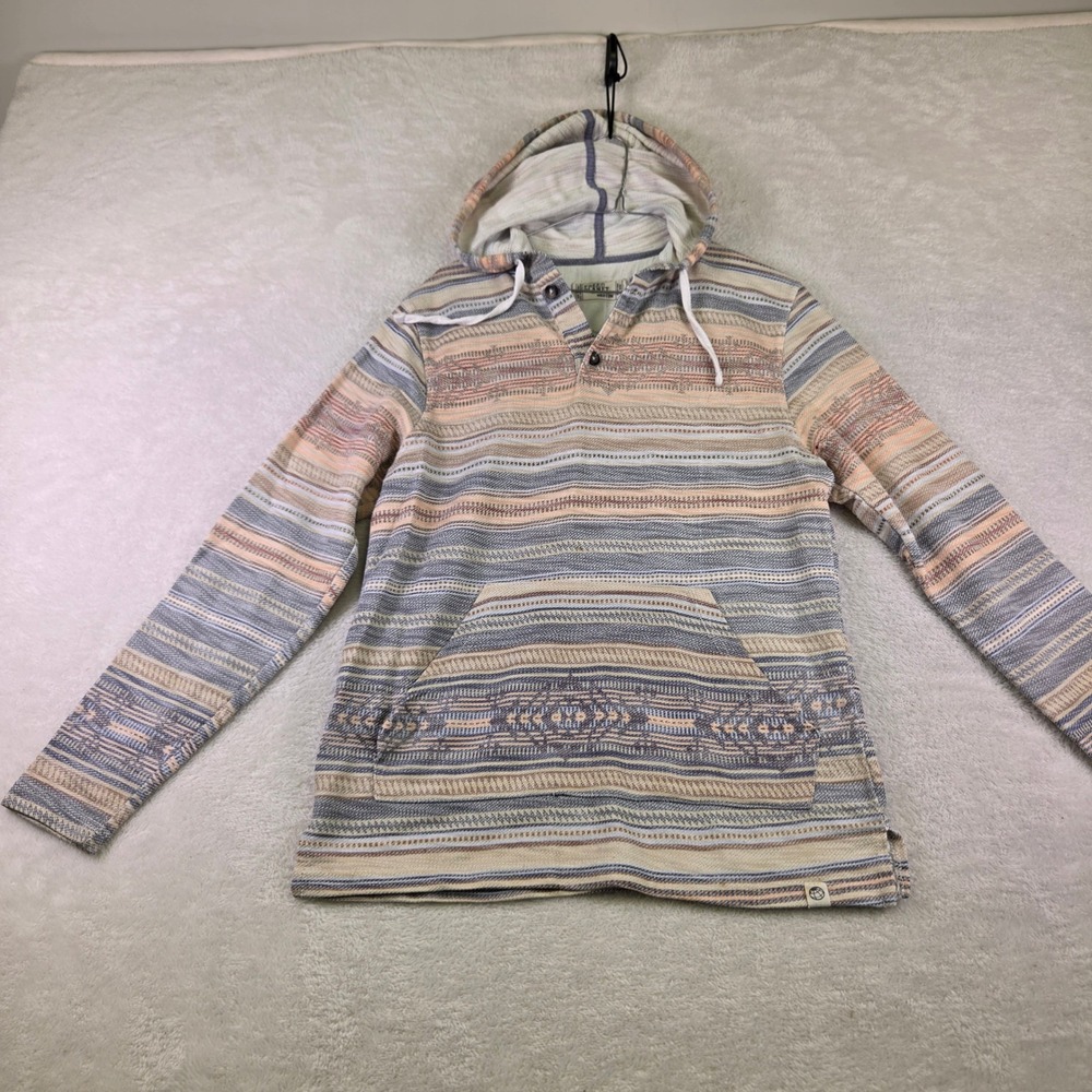 Free Planet Mens Medium Textured Woven Stripe Henley Pullover Hoodie Blue Orange